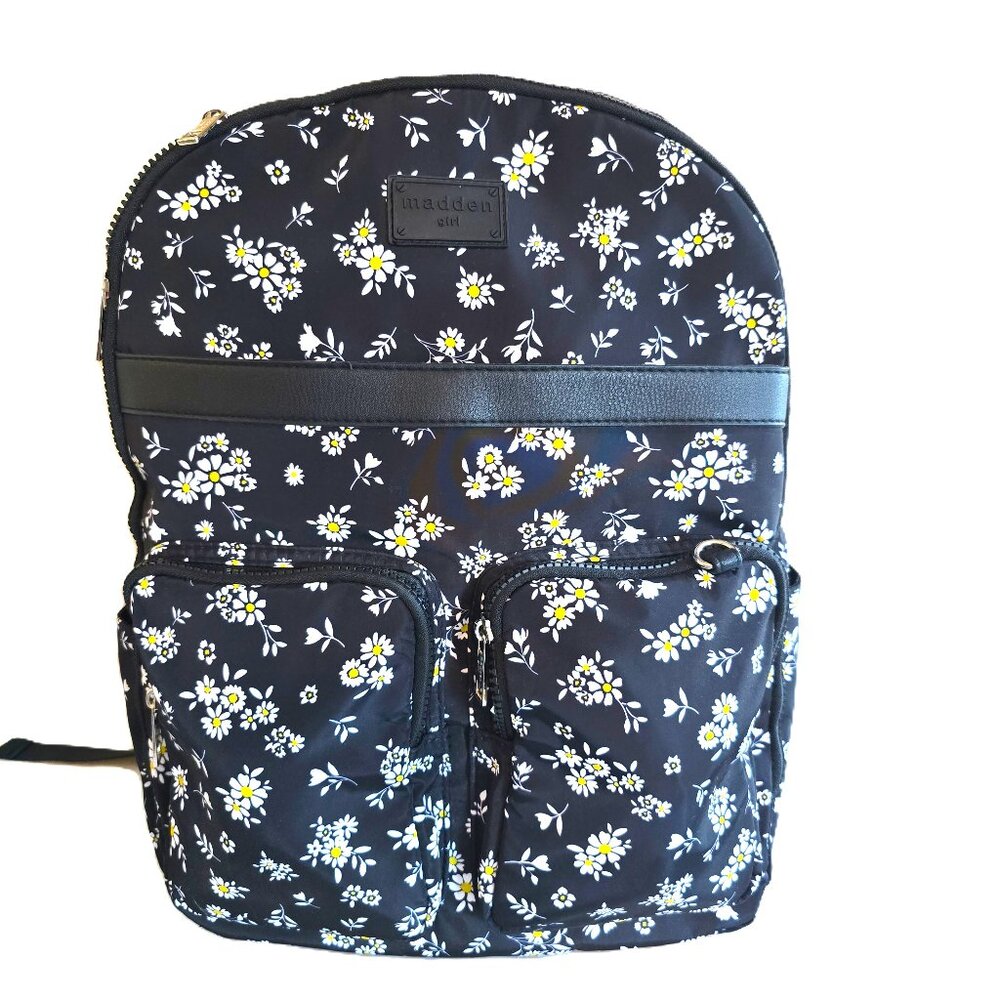 Madden Girl "Booker" Large Nylon Backpack, Black Daisy Floral Print